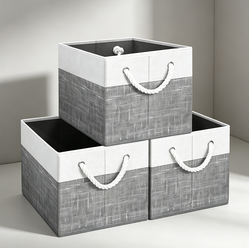 11.1 3-Pack White and Grey Storage Bins with Rope Handles - Image 1