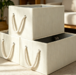 3-Pack Foldable Fabric Storage Baskets (Beige, White, Ivory)