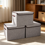 3-Pack Grey Storage Bins with Lids and Label Holder