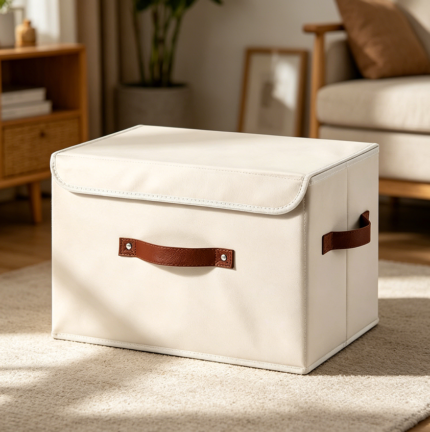 Large Beige PU Leather Storage Bin with Lid